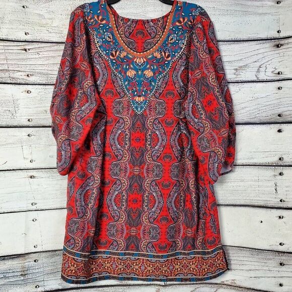 Urban CoCo XXL Boho Tunic Top Paisley Print Red Blue Tassel Neck 3/4 Sleeve Stre - Picture 4 of 7
